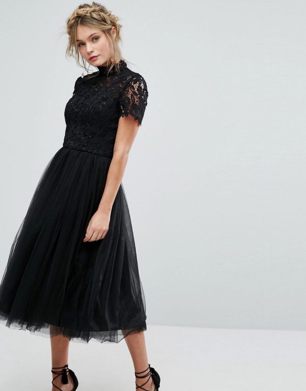 Chi Chi London High Neck Lace Midi Dress With Tulle Skirt - Liyanah