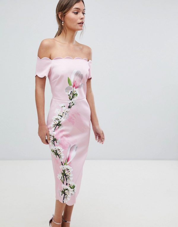 Ted Baker Scalloped Pink Bodycon Dress in Harmony Floral - Liyanah