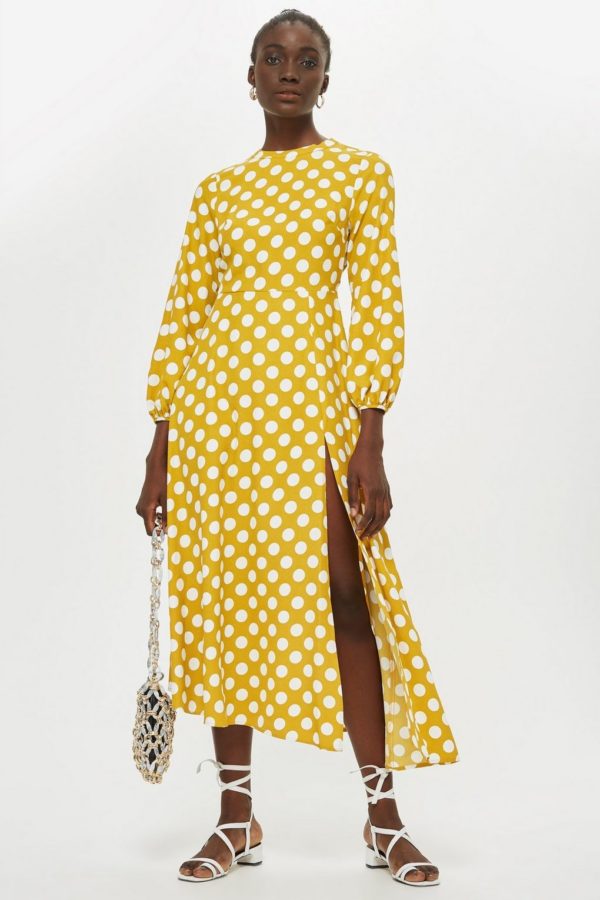 Polka Dot Yellow White Print Midi Dress - Liyanah