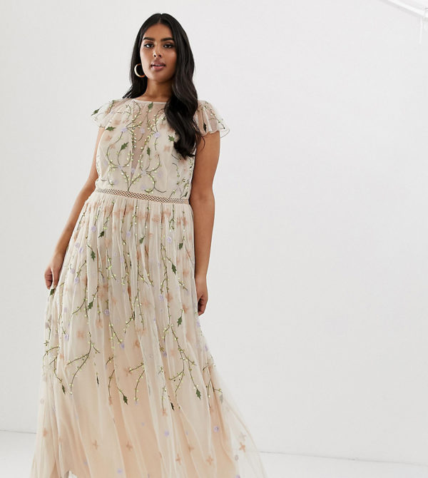 ASOS DESIGN Curve pretty embroidered floral and sequin mesh maxi dress