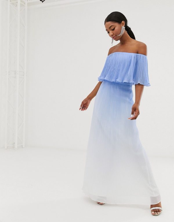 Chi Chi London bardot pleated maxi dress in blue